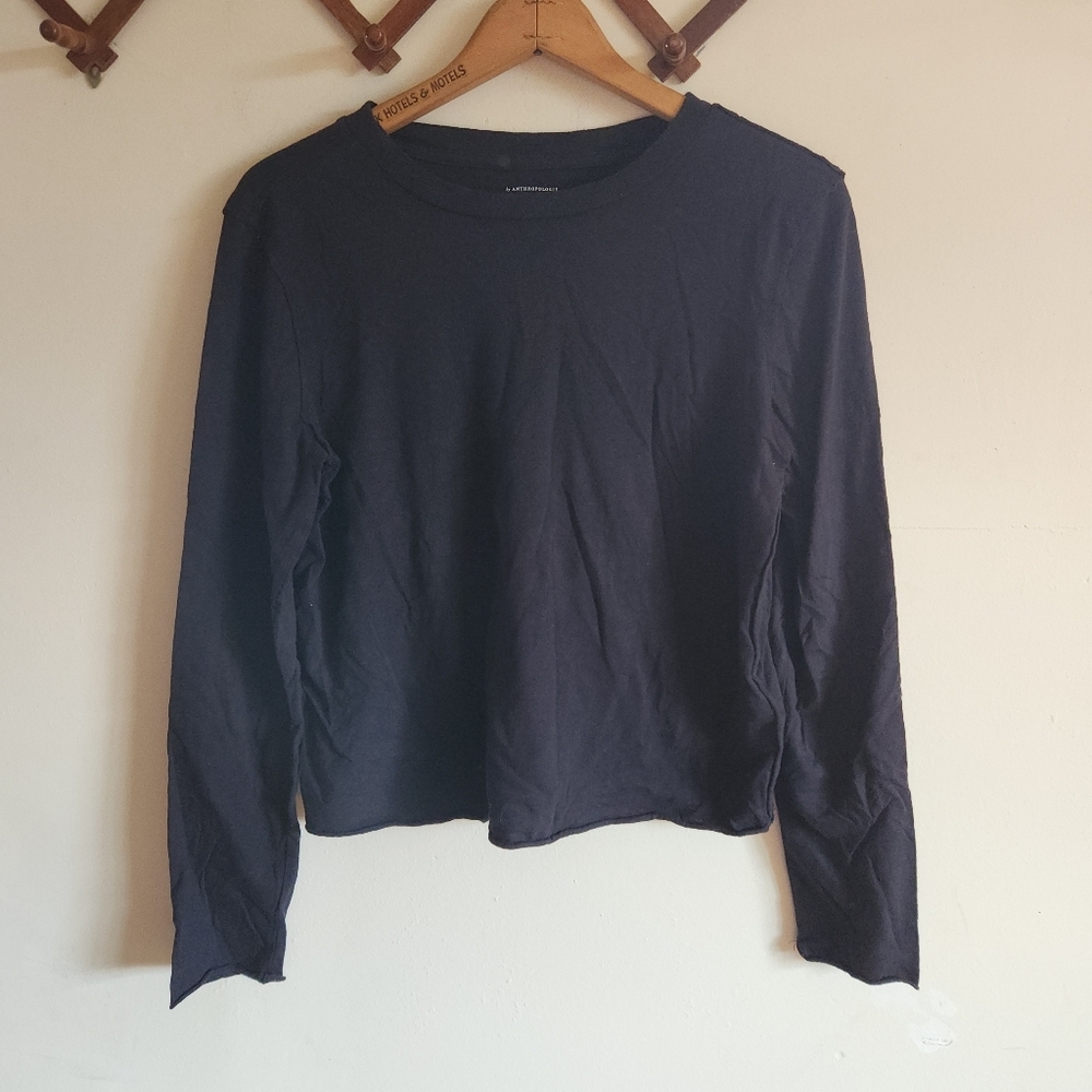 By Anthropologie Black Long Sleeve Top Raw Hem Cotton Extra Small Xs